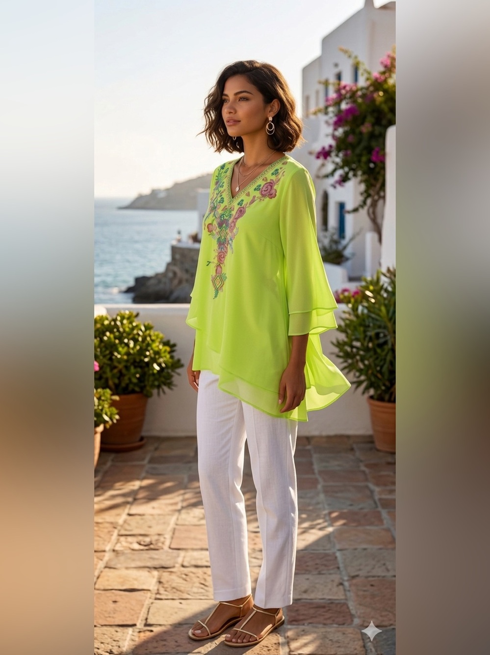 Celessa Neon Green Embroedered Boho Blouse w/ 3/4 bell Sleeves! Pristine size M